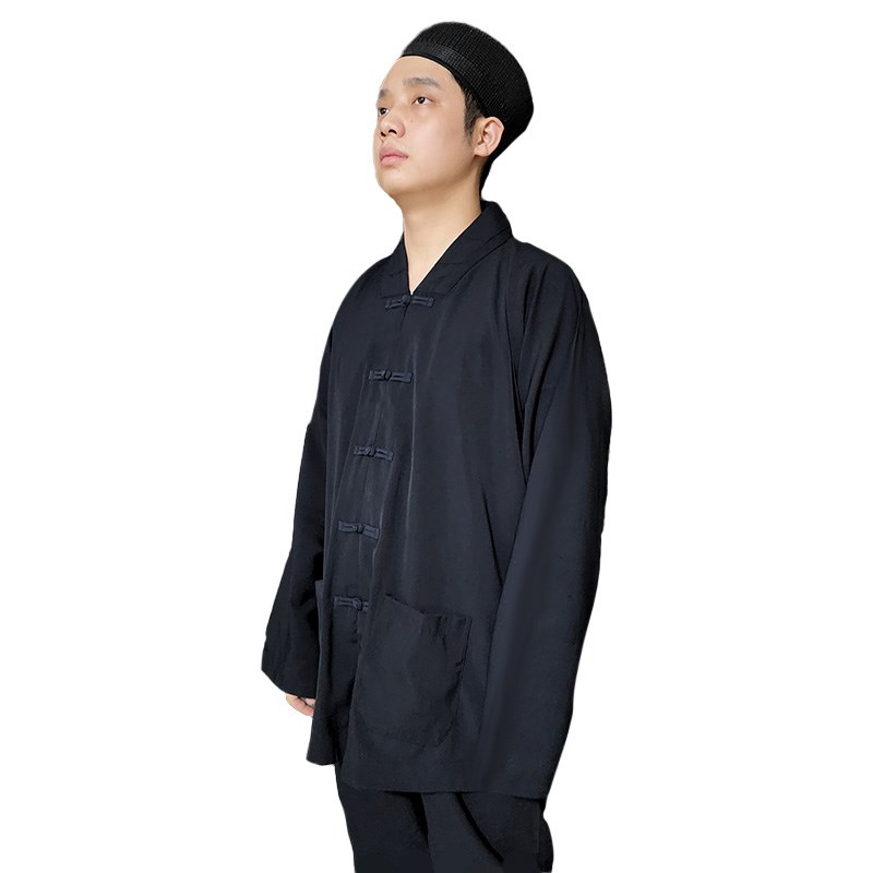 道袍道服涤棉布藏蓝色对襟上衣裤子道衣法袍对领