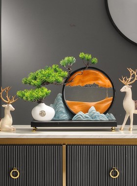 迎客松山水流沙画摆件中式禅意玄关办公室工艺品茶室沙漏装饰品
