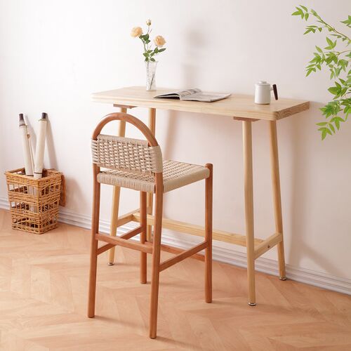 实木吧台椅家用餐厅岛台椅侘寂风酒吧民宿高脚靠背椅前台接待椅子