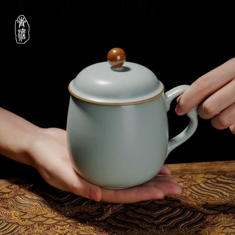 汝窑会议杯带盖景德镇办公杯陶瓷水杯大容量大号青瓷仿宋汝瓷茶杯
