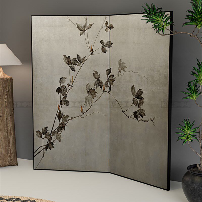 手绘复古金箔漆画屏风茶室玄关折屏中古法式花鸟画移动折叠可定制