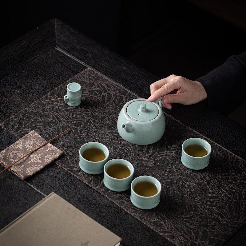 汝山明有竹汝瓷茶具套装礼盒高端汝窑功夫茶壶茶杯开片一壶四杯
