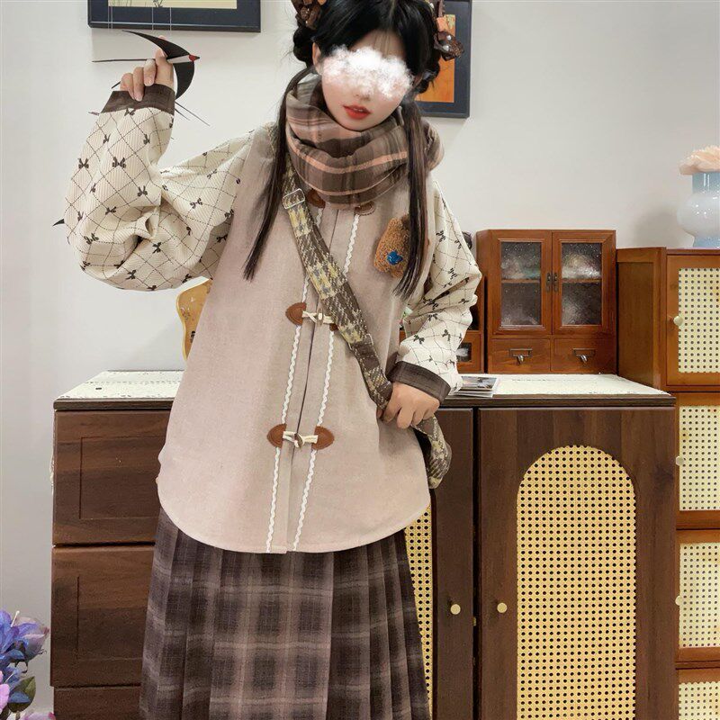 十里七巷 咖啡熊 毛呢灯芯绒短衫比甲三件套松紧马面裙日常汉服女
