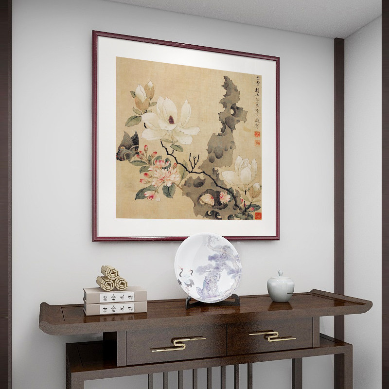 斗方国画花鸟挂画新中式玄关装饰画餐厅客厅墙画陈洪绶玉堂柱石图