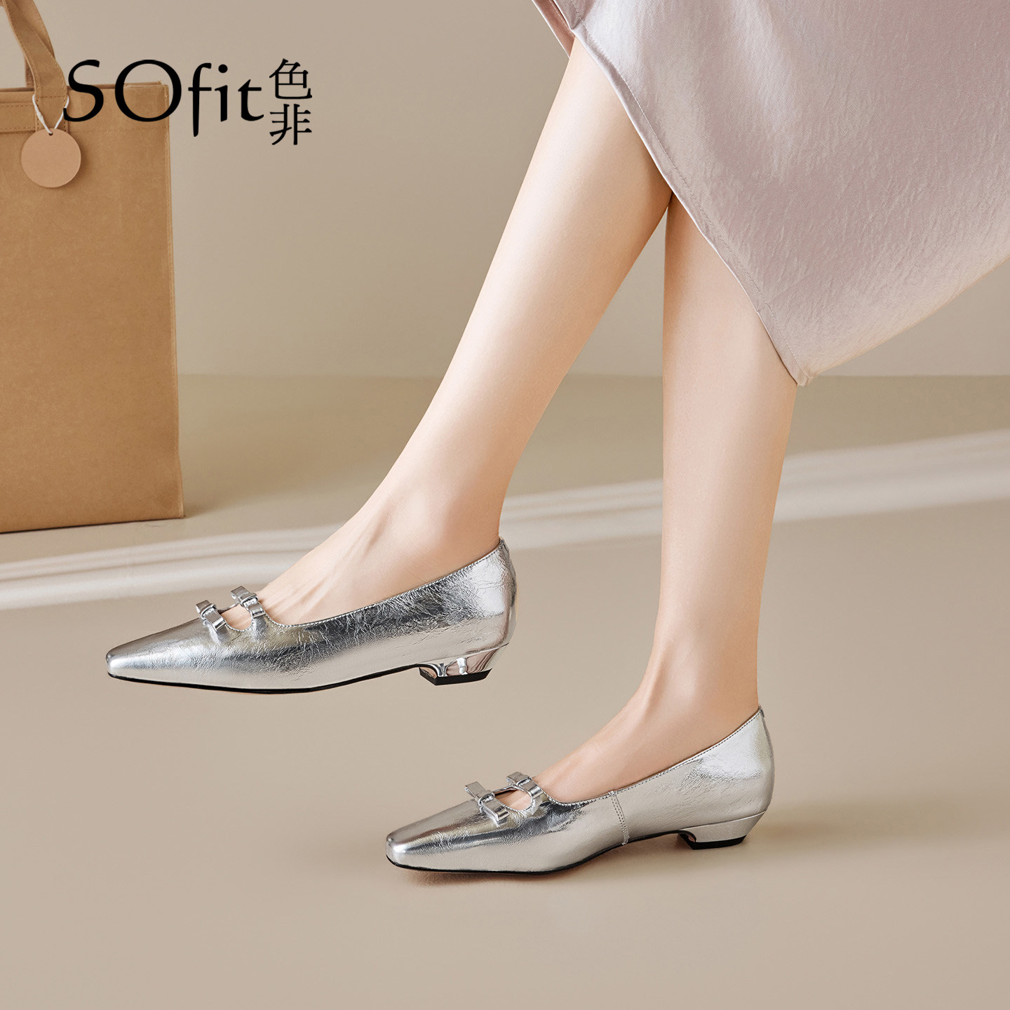 SOfit/色非方头低跟单鞋浅口蝴蝶结浅口春季纯色时尚休闲玛丽珍鞋