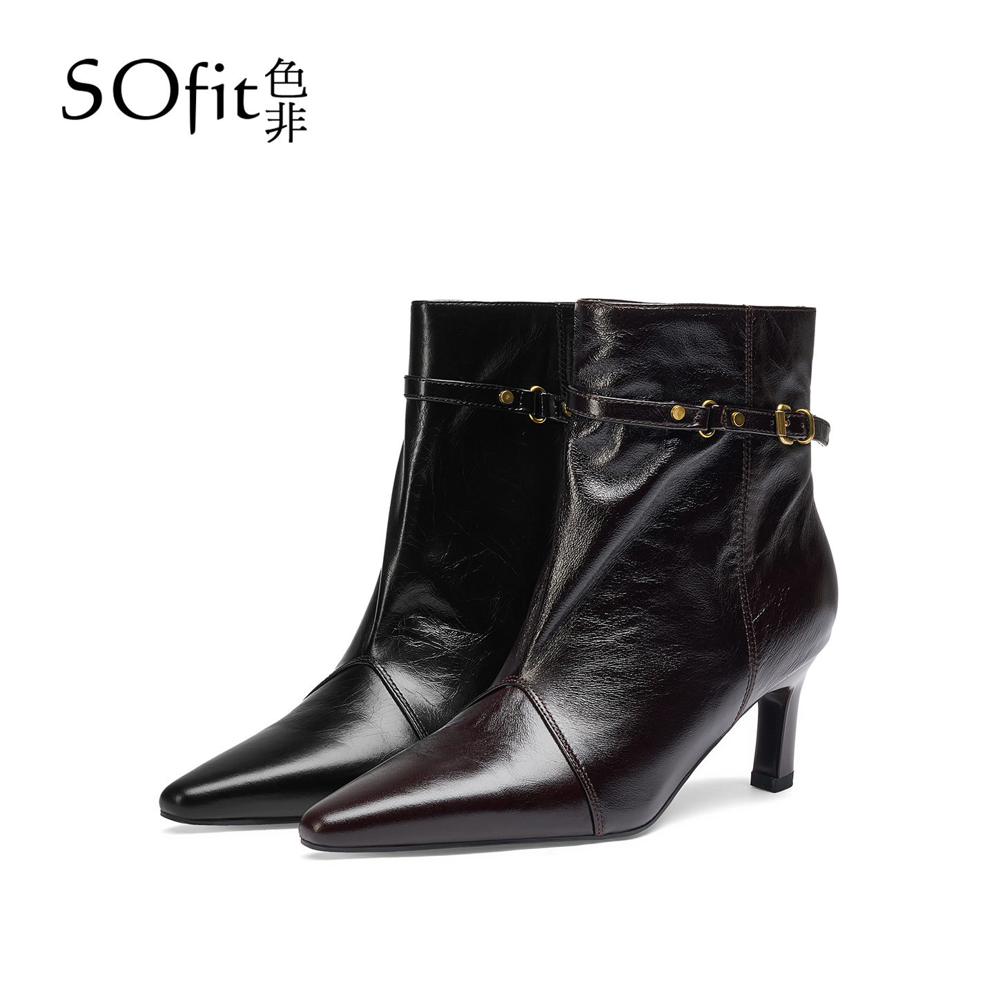 SOfit/色非新款法式尖头细跟高跟短靴秋冬复古显瘦气质时装靴