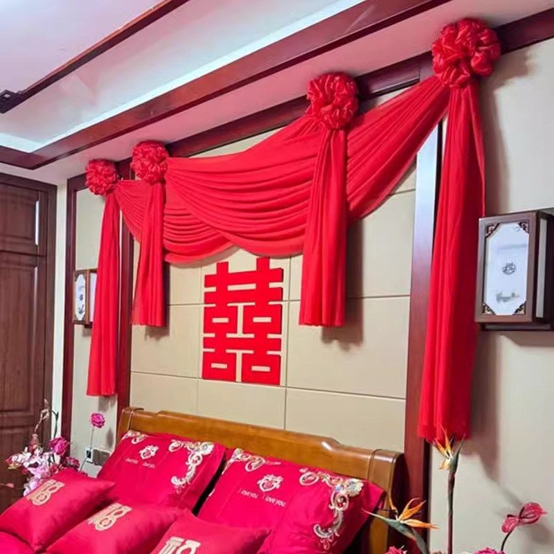 结婚阳台栏杆装饰大红花球绣球单元门红绸布缎布农村大门布置头花
