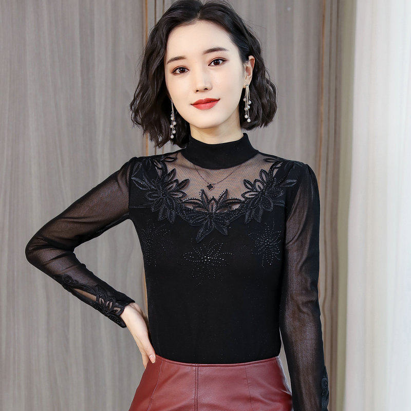 2021新款秋装女纱网半高领蕾丝打底衫女长袖T恤上衣内搭网纱小衫