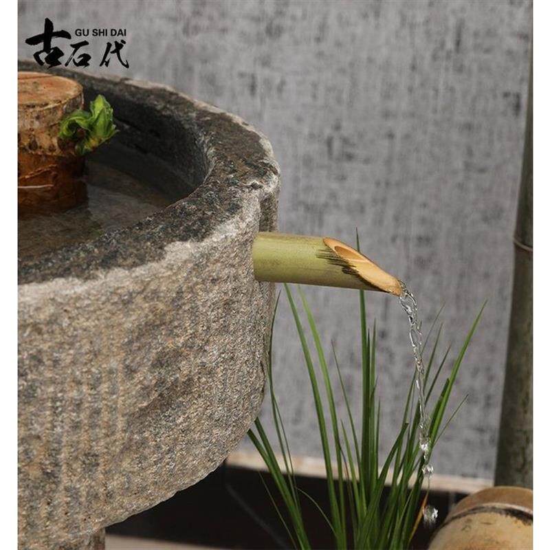 老石槽鱼缸竹流水组合景观旧石头造景石缸户外水景庭院水槽怀旧