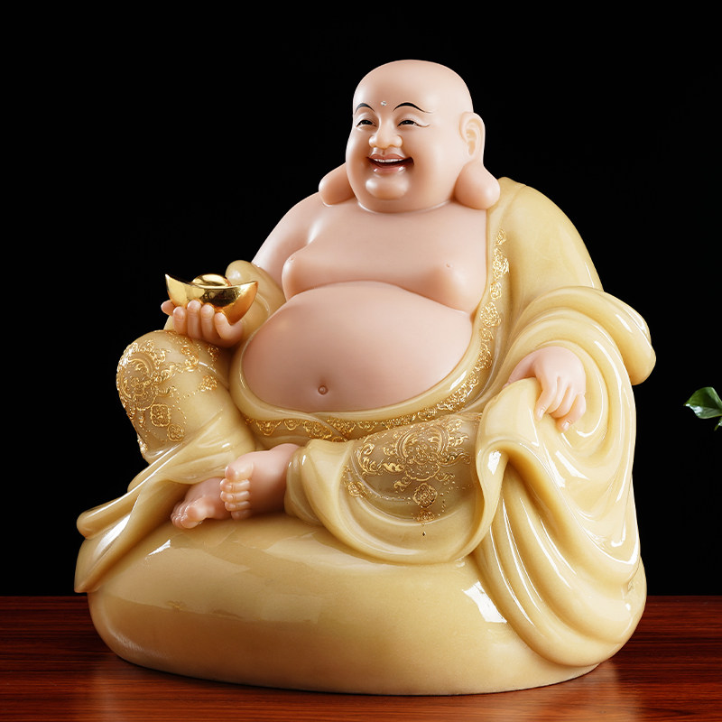 弥勒佛菩萨大肚笑佛像汉白玉石雕笑佛黄玉镶金家用客厅招财摆件