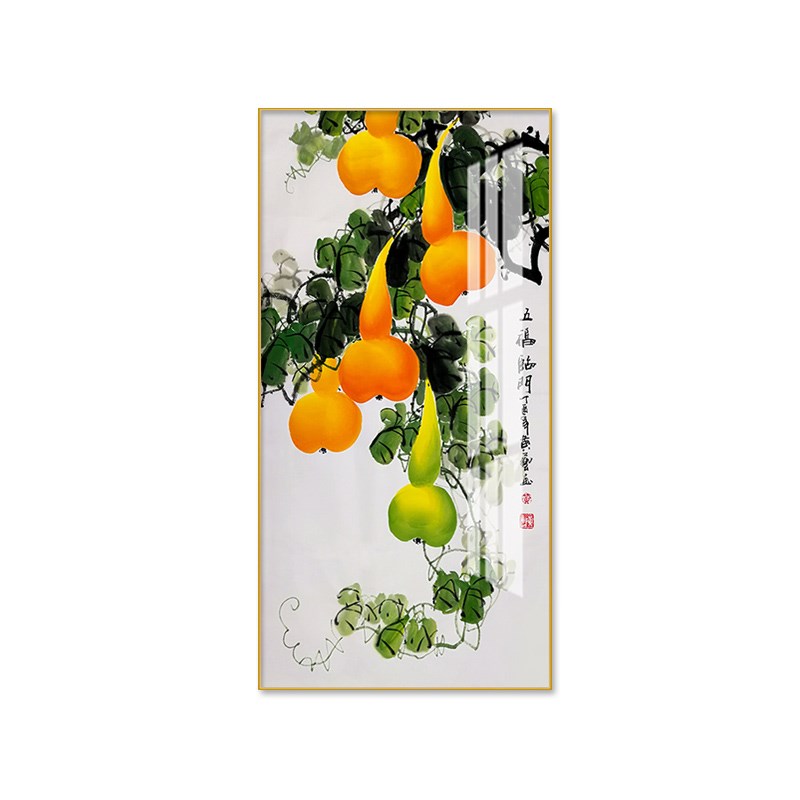 五福临门玄关装饰画竖版入户走廊挂画过道晶瓷画葫芦壁画