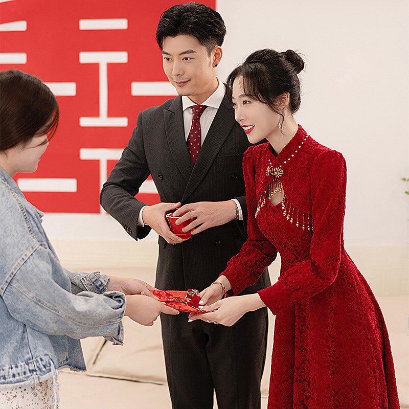 旗袍敬酒服新娘高级感秋冬季结婚礼服裙中式红色订婚连衣裙女长袖