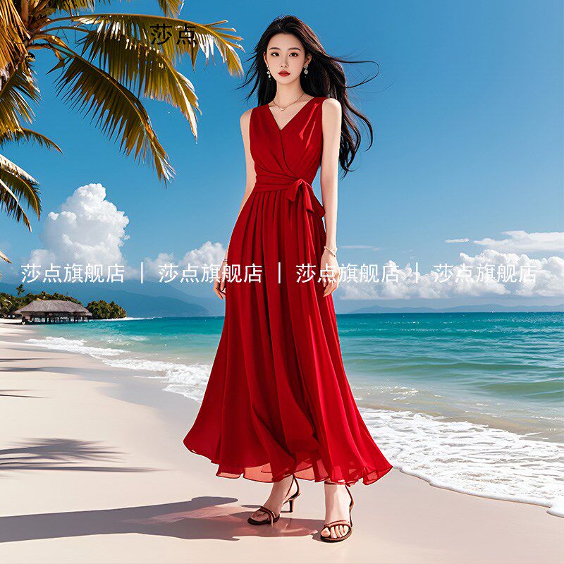 V领薄纱红色背心连衣裙女夏收腰礼服裙海边度假长裙沙滩裙大摆裙
