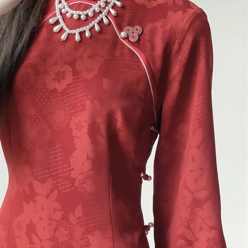 如嫣复古旗袍红色敬酒服订婚倒大袖结婚新中式新娘2024新款秋冬女