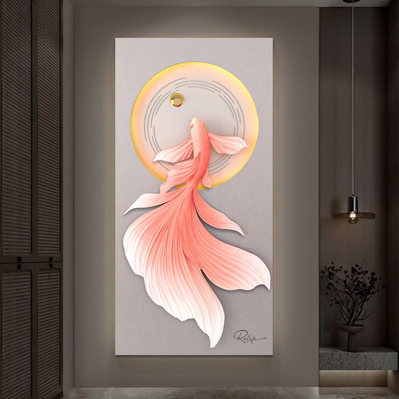 中式奶油风3d锦鲤玄关立体装饰画入户正对门过道浮雕画挂画背景墙