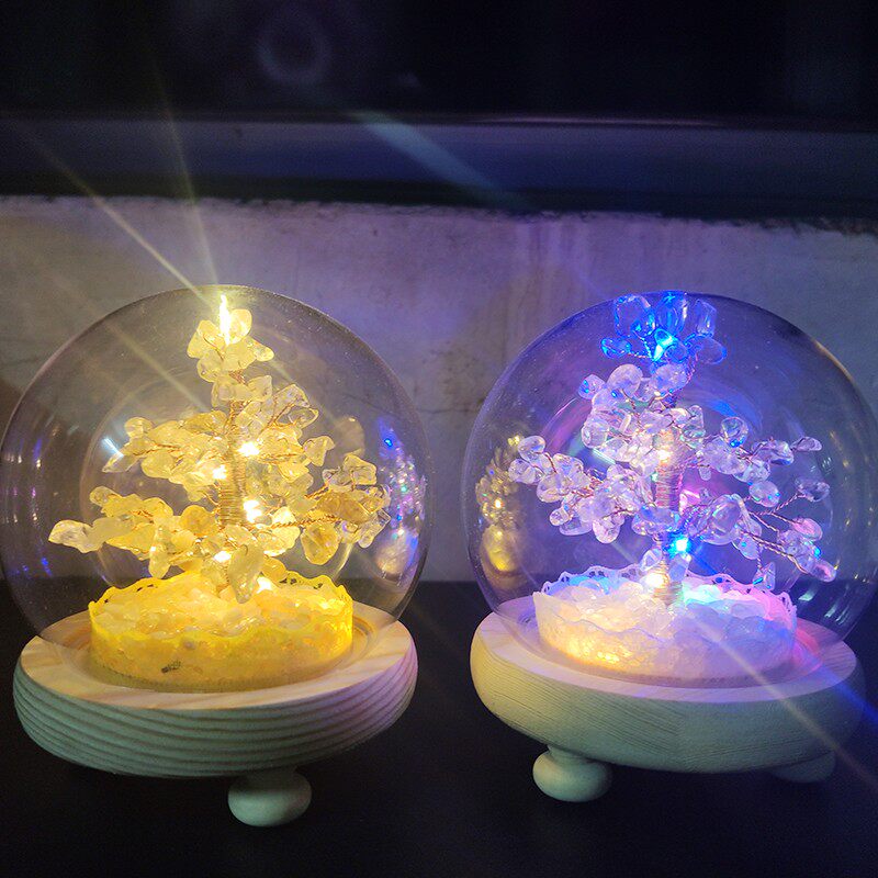 日式植物黄水晶圆球带暖彩灯树手工客厅桌面摆件送礼圣诞节日礼物