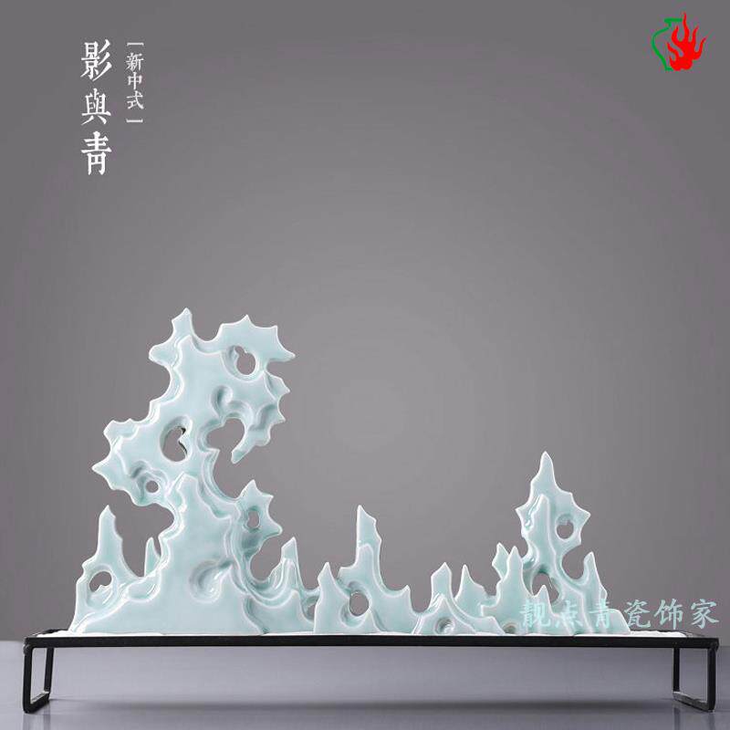新中式青釉山峰枯山水禅意雪山书房摆件茶室玄关抽象摆件陶