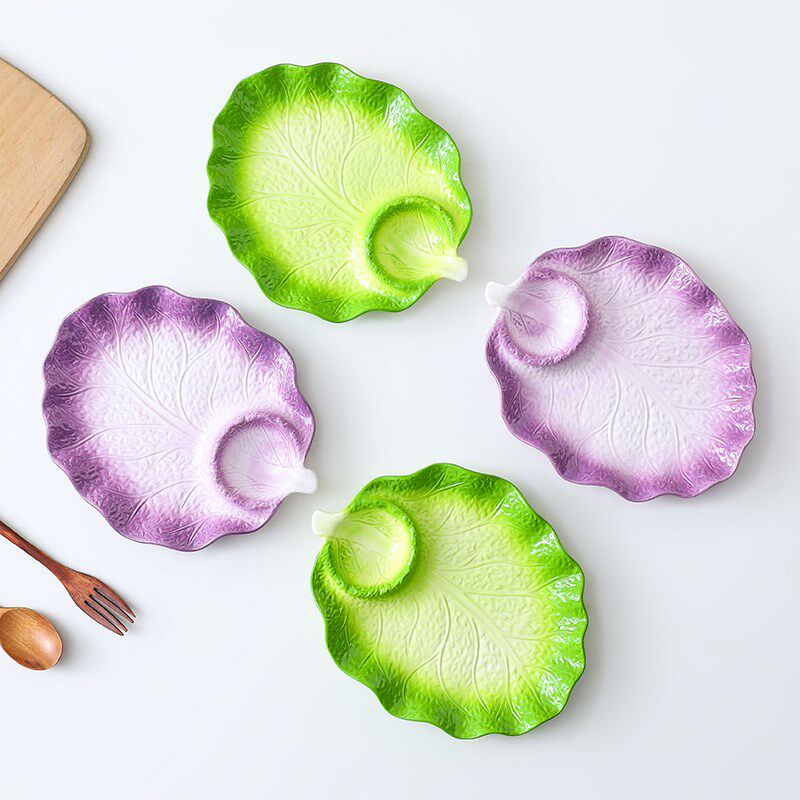 饺子盘子带醋碟家用陶瓷菜盘蝶子早餐分格餐盘创意白菜水饺专用盘