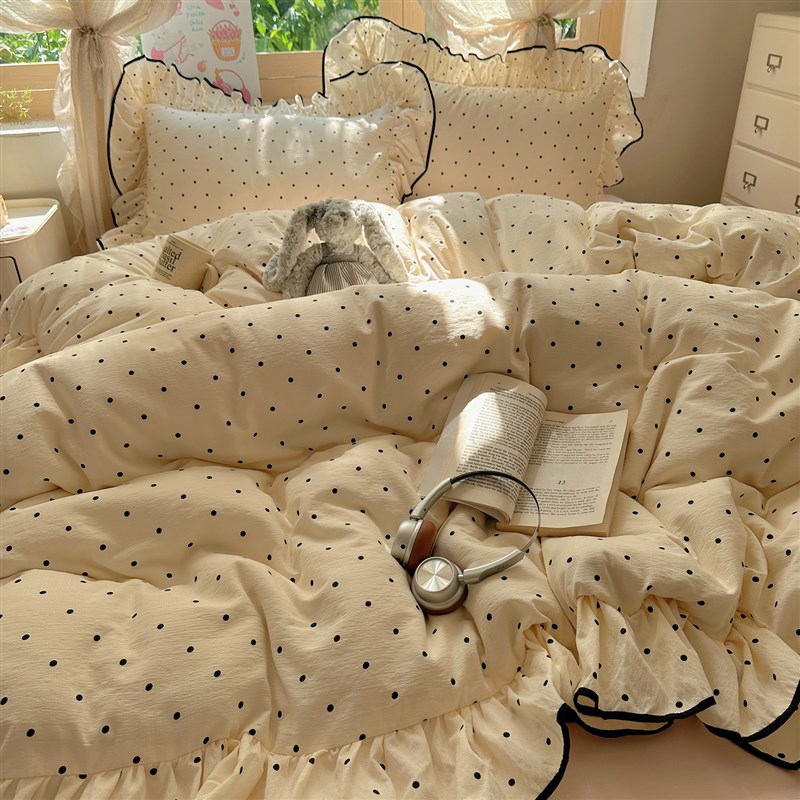简约波点双层纱床笠花边少女心床上用品四件套被套床单宿舍三件套