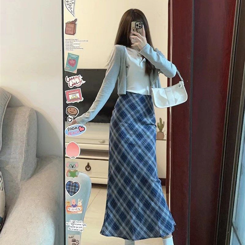小个子学院风复古蓝色格子半身裙150cm高腰a字包臀鱼尾长裙xs秋女
