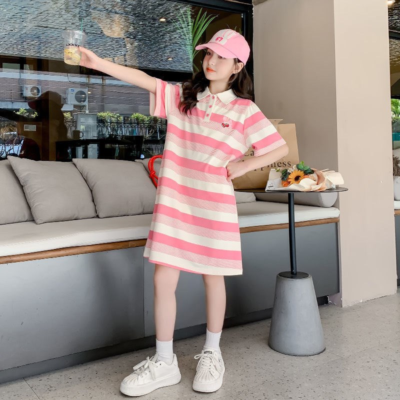 女童夏装连衣裙2025新款洋气童装polo长款T恤裙大童条纹夏季裙子