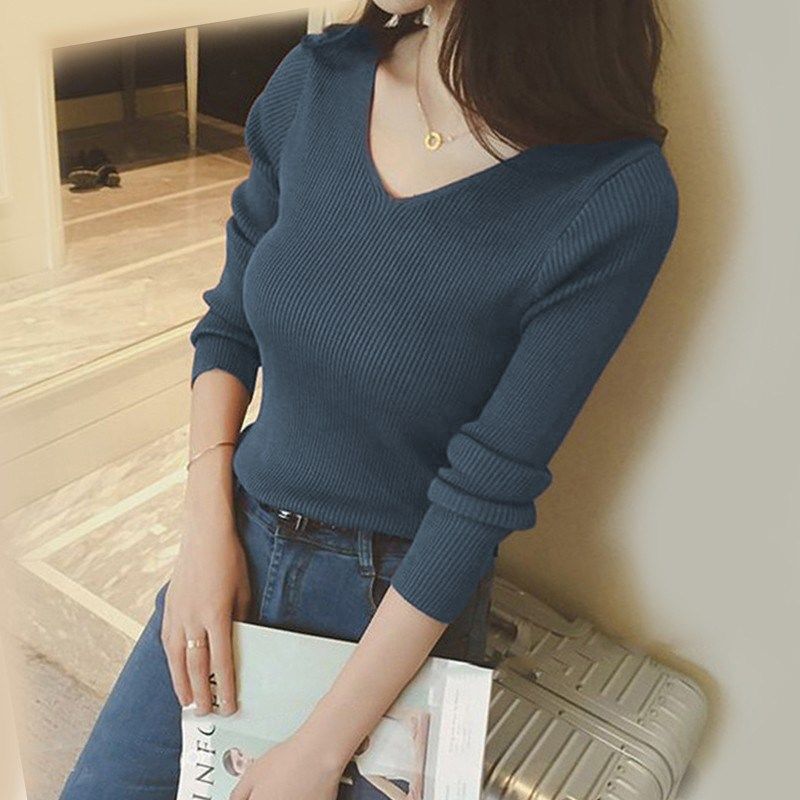 紧身V领打底衫女2024秋冬新款内搭修身针织衫套头显瘦高弹薄毛衣