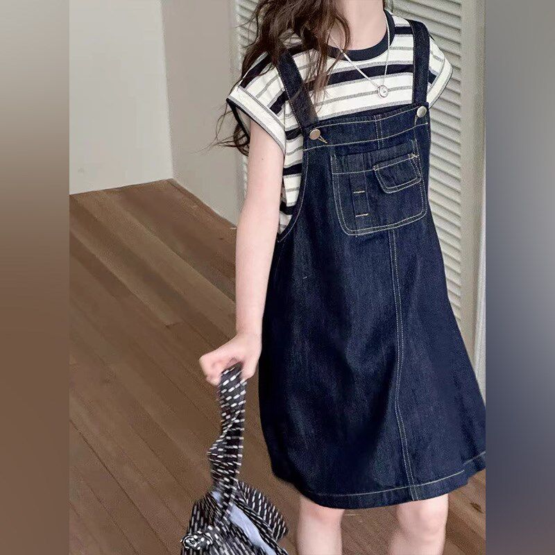 女童夏季牛仔背带裙套装短袖条纹2024夏季新款女孩夏装T恤背心裙t