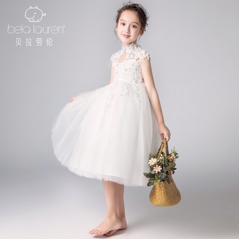 白色公主裙女童婚纱裙生日晚礼服秋季小主持人儿童钢琴演出服花童