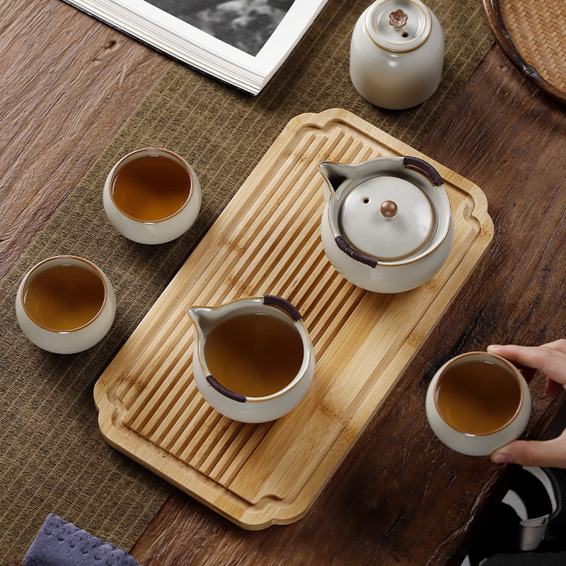 米黄汝窑旅行茶具套装汝瓷功夫防烫手抓茶壶茶杯竹茶盘礼品礼盒装