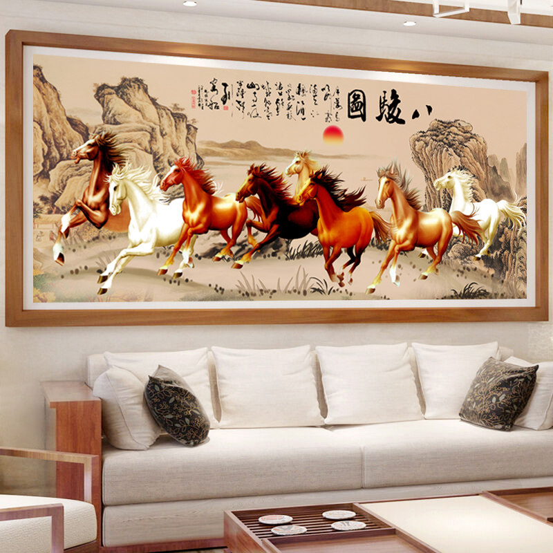 线绣大气八骏图十字绣2021新款客厅大幅风景画马到成功满绣八匹马