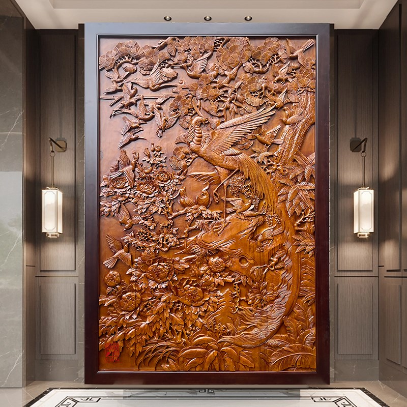 东阳木雕中式仿古背景墙实木浮雕挂画玄关装饰画百鸟朝凤图纯手工