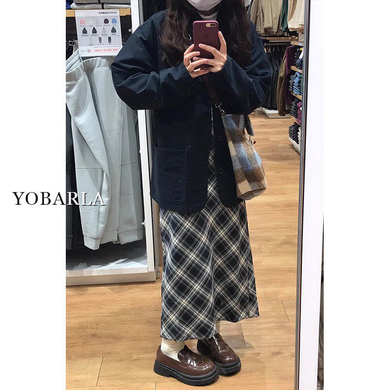 高腰格子半身裙女春秋大码胖mm遮肚子显瘦梨形身材中长款a字裙子