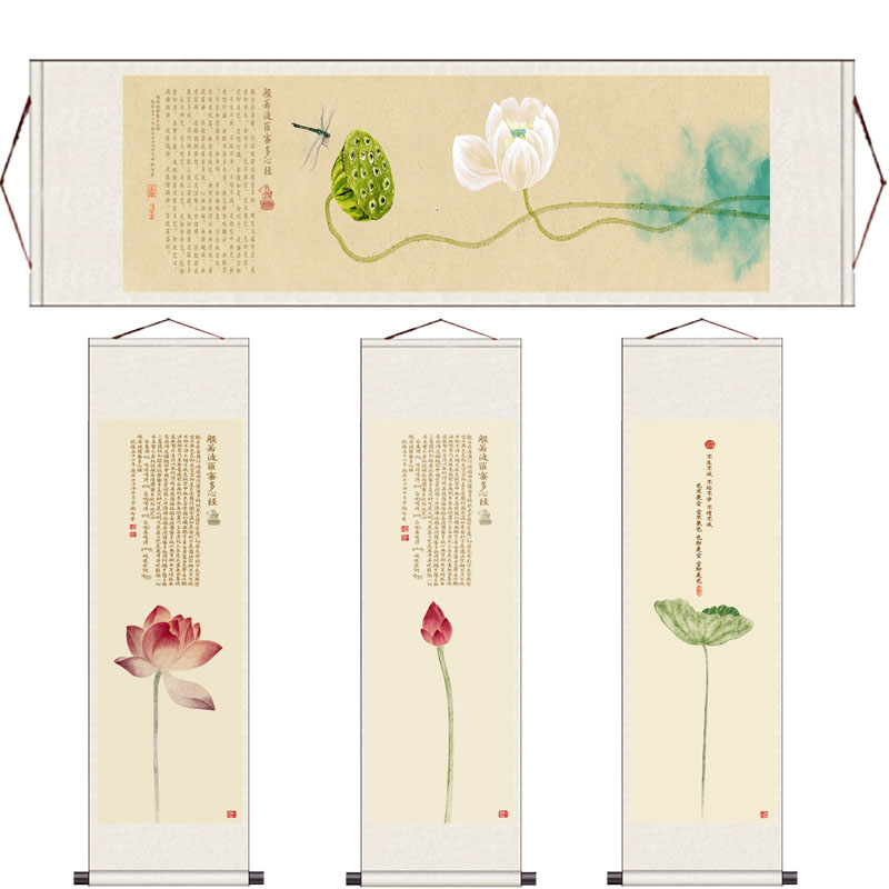 禅意花鸟画心经字画挂画虔诚心经装饰画丝绸卷轴字画挂画