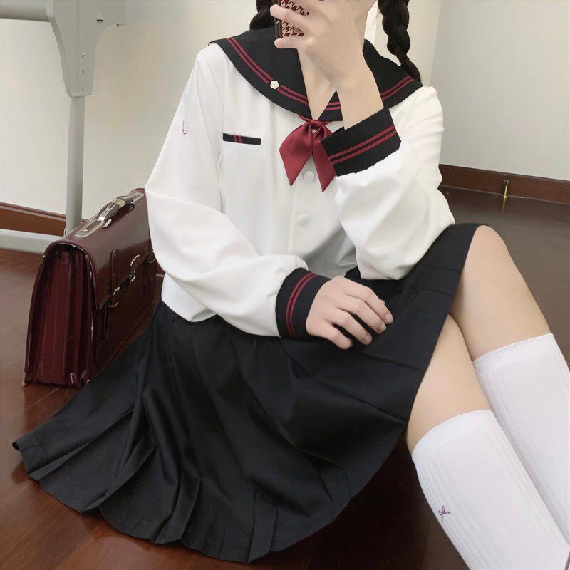 春日部【夜樱】红二本断线徽章黑领白身中间/夏服jk制服水手服