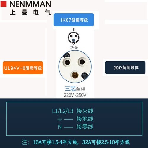 NENMMAN防水MXS-J134-6带开关机械联锁插座16A单相3孔IP44 230V