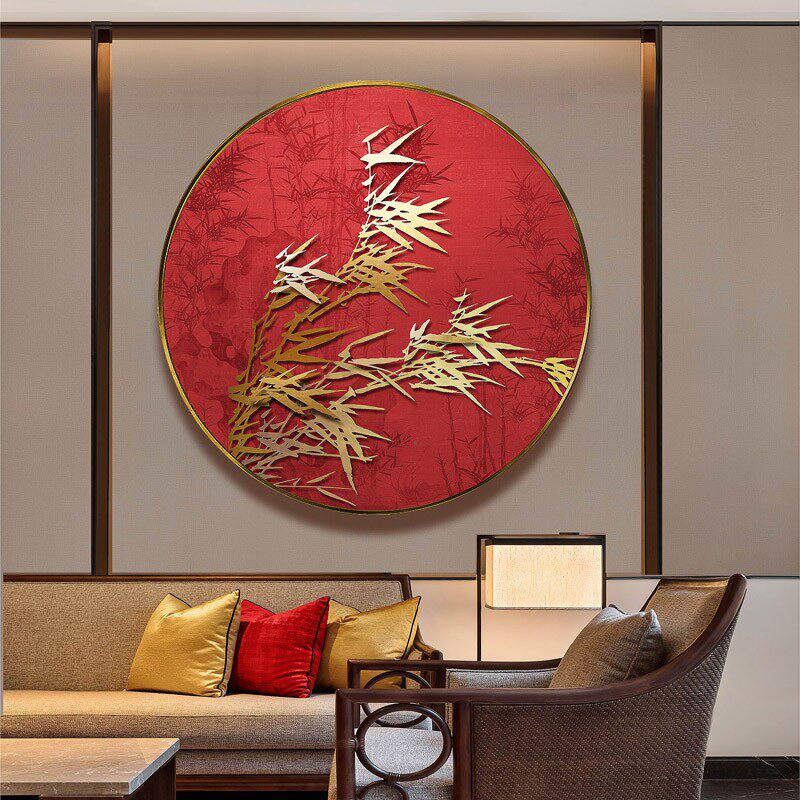 新中式装饰画玄关墙壁画立体创意金属雕刻竹子艺术圆形轻奢风挂画