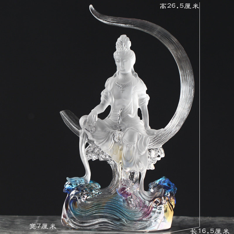 七彩水月观音琉璃佛像摆件居家客厅家用寺庙桌面摆放观世音菩萨