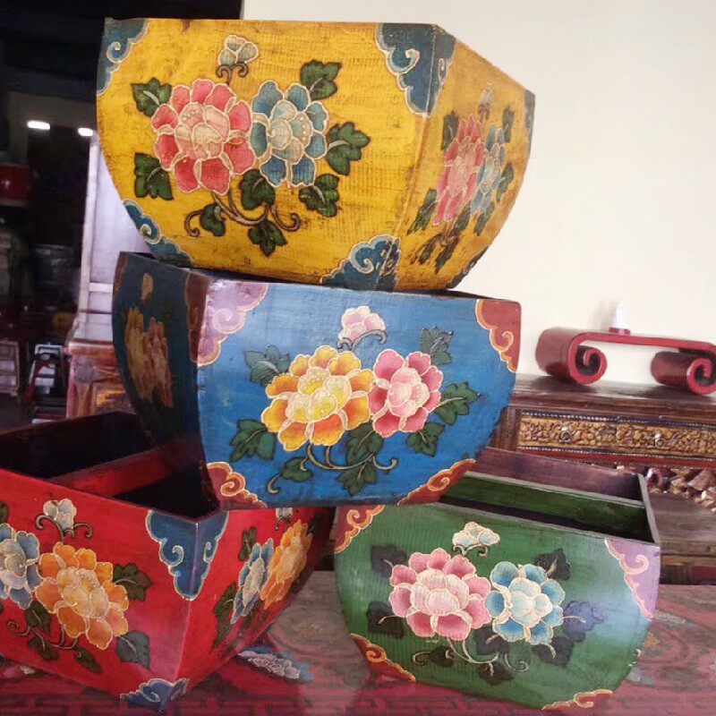 新中式仿古实木米斗摆件手绘收纳盒储物罐日进斗金家居装饰品花器