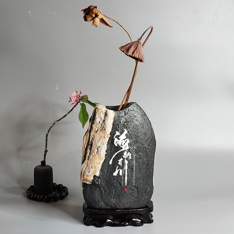 精品石头花瓶禅意自然长江原石花插艺术刻字笔筒桌面水培装饰摆件