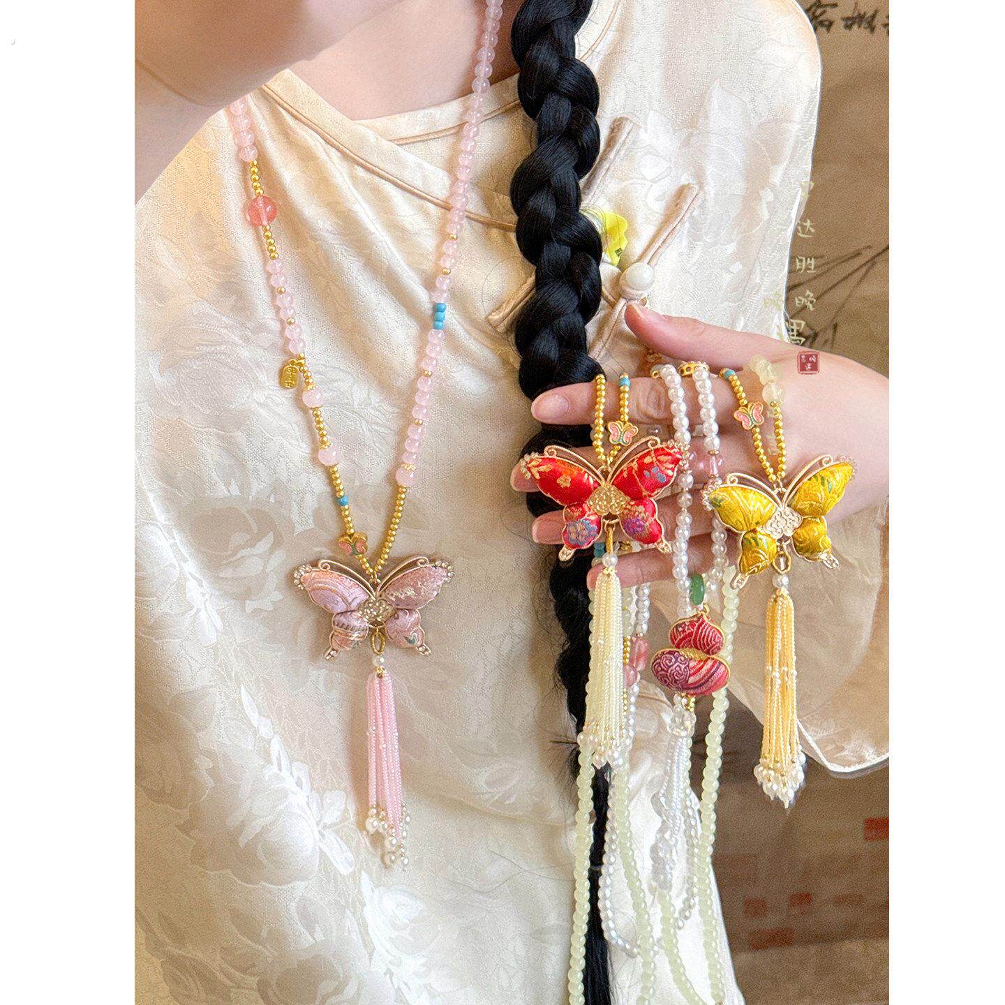 ［漆园蝶］宋锦蝴蝶葫芦流苏项链女新中式串珠长款毛衣链国风配饰