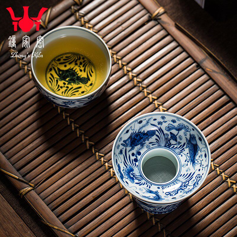 钟家窑高端茶滤 景德镇柴窑青花手绘鱼藻纹茶漏茶滤功夫茶器配件