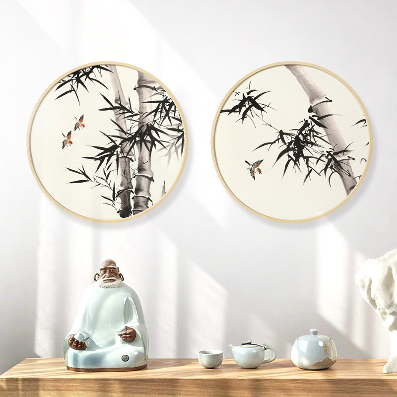 新中式水墨竹子国画客厅背景圆形装饰画茶室墙面挂画清雅禅意墙画