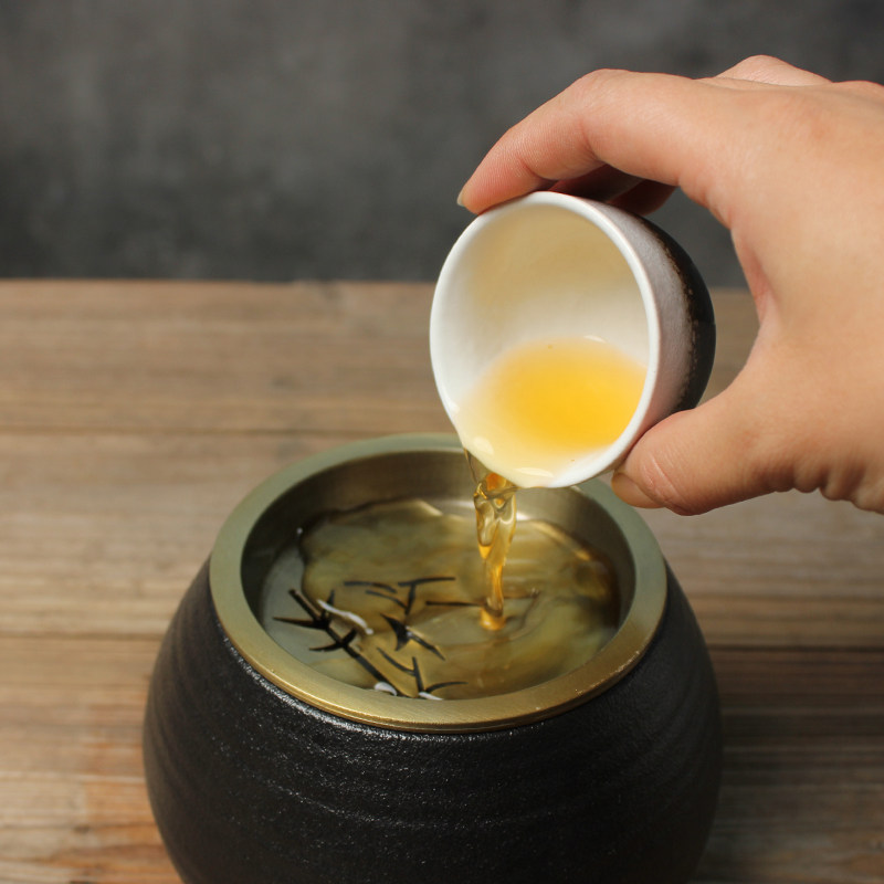 竹影 粗陶建水茶渣桶创意合金铜盖干泡功夫茶道配件带盖陶瓷茶洗