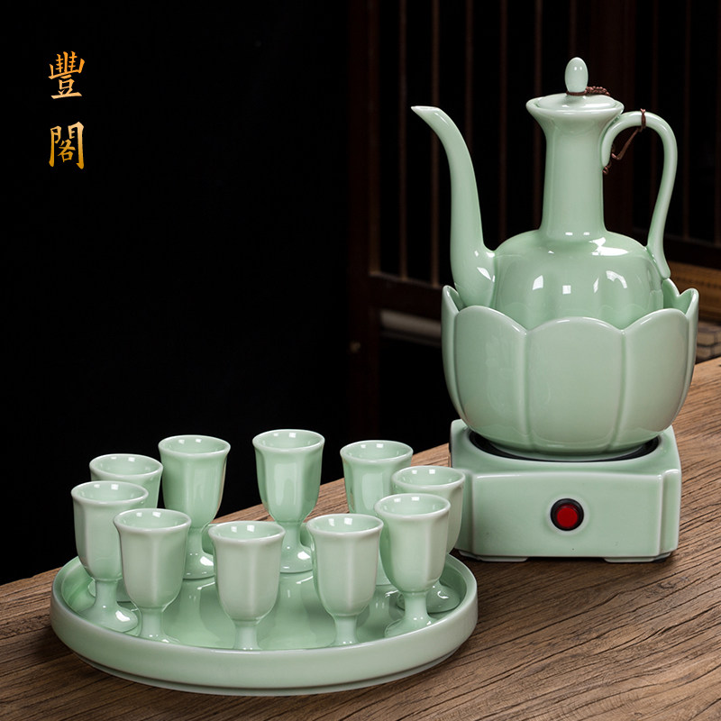 烫酒壶电加热煮酒器黄酒温酒白酒杯小陶瓷酒具套装家用中式分酒器