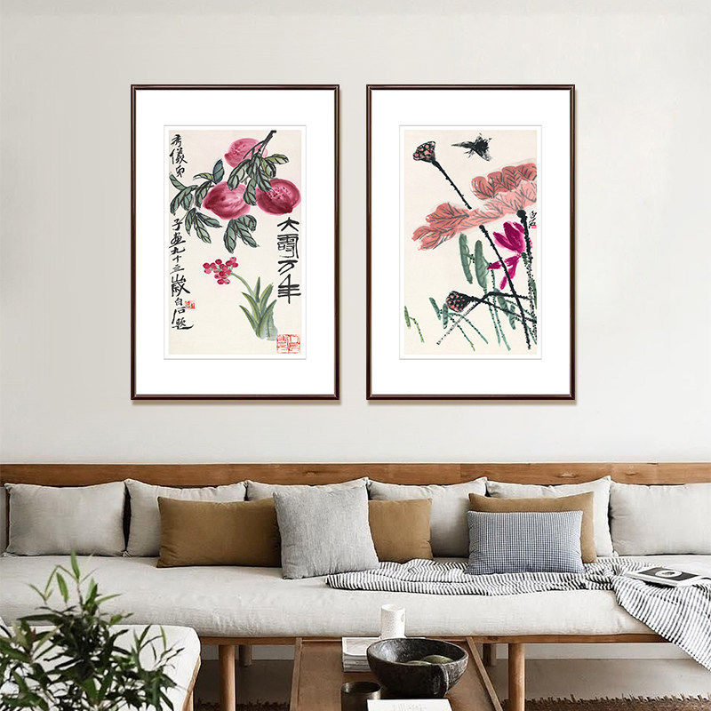 新中式玄关装饰画餐厅壁画客厅挂画齐白石福寿双全国画花鸟画字画