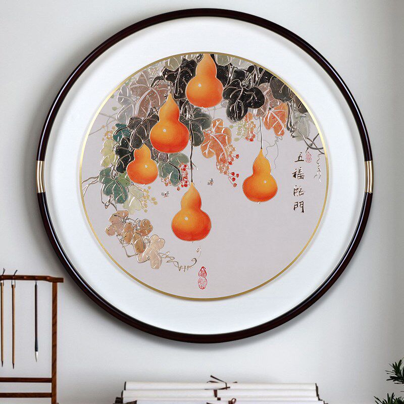 手工五福临门葫芦入户玄关装饰画高档走廊过道立体挂画新款铜雕画