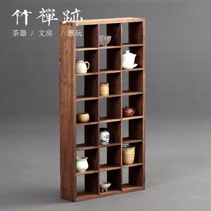 竹禅迹黑胡桃木博古架 茶具格子收纳置物架实木展示架挂墙多宝阁