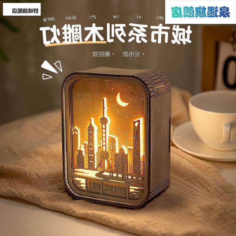 床头夜小灯旅饰氛围桌面装游木雕灯