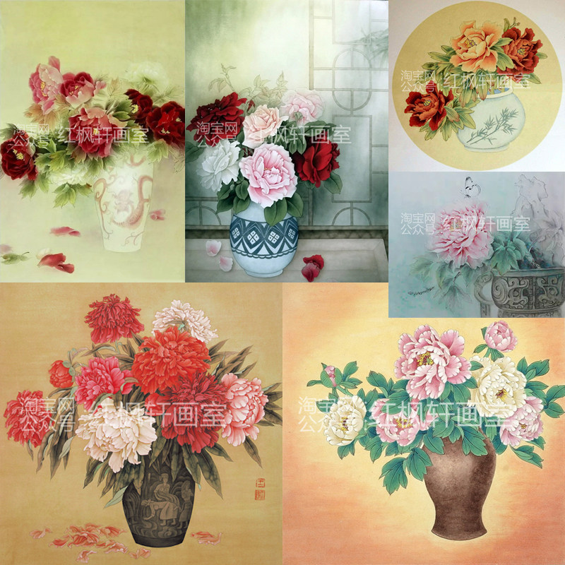 工笔画白描底稿花瓶牡丹花鸟国画熟纸宣纯直绘线描画稿可手接上色