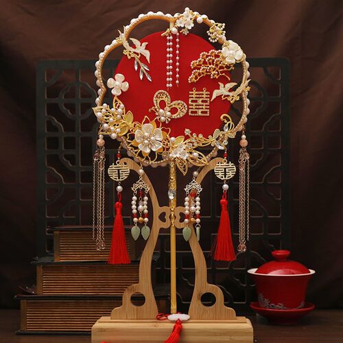 中式婚礼新娘团扇工禾婚扇手扇子喜秀diy材料包成品重工红色长柄